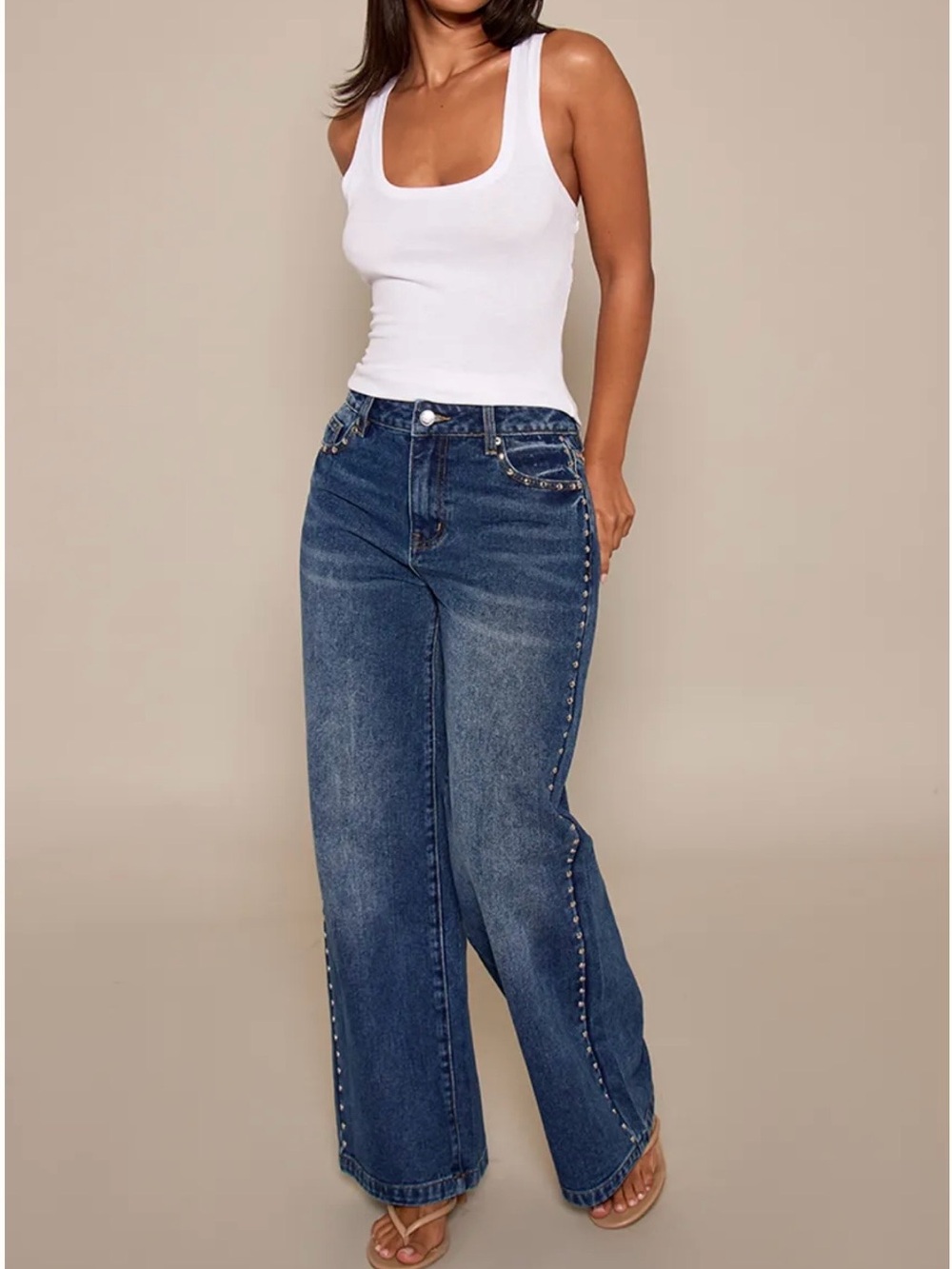 PrettyLittleThing Petite Mid Blue Stud Detail wide Leg jeans